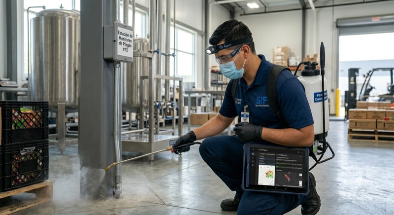 Técnico de fumigación usando SIF Agent en tablet mientras realiza control de plagas en una planta industrial
